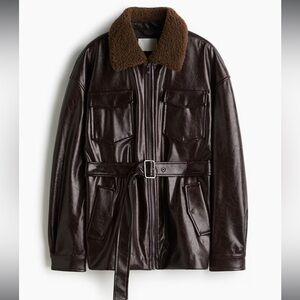 H&M Dark Brown Faux Leather Jacket with Fur Collar